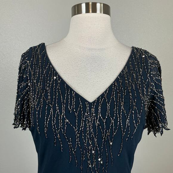 JKara Beaded Chiffon Short Sleeve Fit and Flare Midi Cocktail Dress Blue Size 6 - Picture 7 of 12
